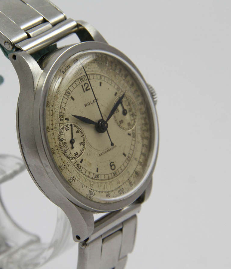 Rolex
Ref. 2508
Rare and early chronograph wristwatch

Case
Stainless steel, 36mm

Movement
Valjoux, manual-wind, chronograph

Dial
Original silvered dial and original feuille hands

Bracelet
Stainless steel riveted oyster