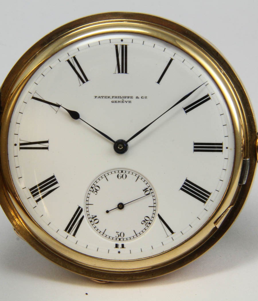 Model
Taschenuhr Very nice gold hunting case pocket watch
PATEK, PHILIPPE & Cie
GENÈVE

Case-Yellow-gold, 18ct, 52,5mm, 120gram
Movement-Manual wind
Dial-Enamel very nice condition

1890