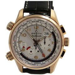 Zenith Rose Gold Doublematic World Time Chronograph Wristwatch with Alarm