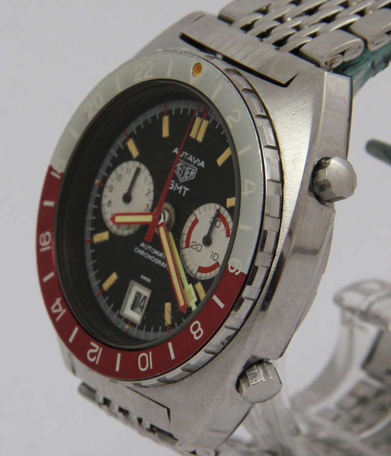 Heuer Stainless Steel Autavia GMT Chronograph Wristwatch with Date In Excellent Condition In Munich, Bavaria