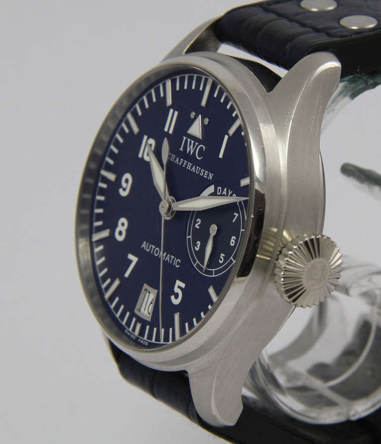 IWC
Ref. 5002
Big Pilot

Case
Platinum, screw back, sapphire crystal, 46.2mm

Movement
caliber 51111, automatic, hack seconds, power reserve, date

Strap
leather with deployant clasp

*
Limited edition of 500 pieces

box and