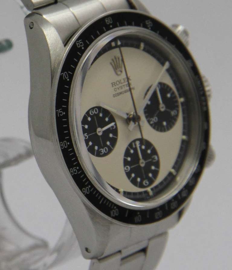 Rolex
Daytona Cosmograph
Ref. 6263

Case
Stainless Steel, screw back, acrylic glass, screw-down crown and buttons, 38.5mm

Movement
caliber Valjoux 727 chronograph

Dial
Original tritium dial and hands, very rare Paul Newman 