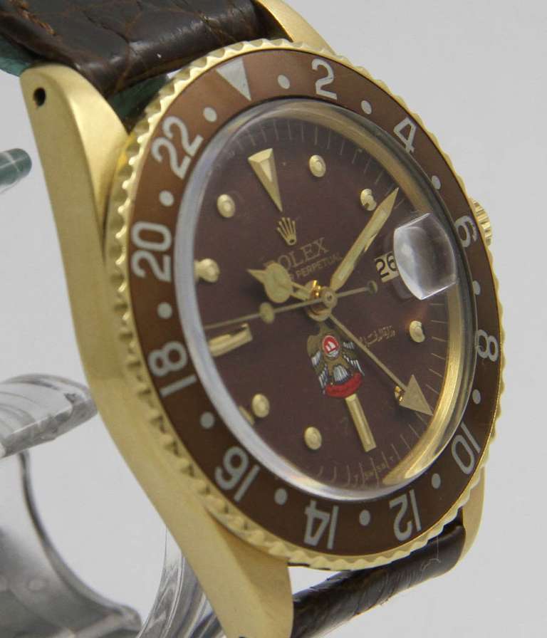 Rolex
GMT-Master
Ref. 1675

Case
18k yellow gold, screw back, acrylic glass, rotating bezel, screw-down crown, 40mm

Movement
caliber 1570, automatic, chronometer, 24-hour indicator, date, second time zone

Dial
original brown dial with