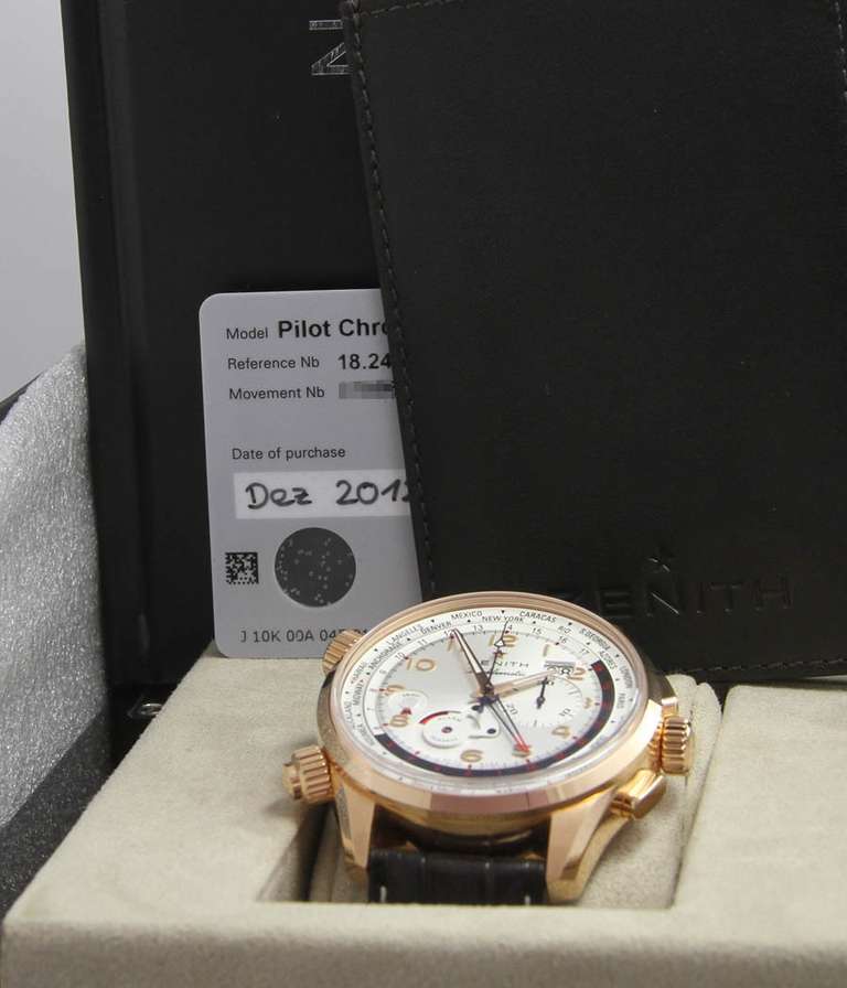 Zenith Rose Gold Doublematic World Time Chronograph Wristwatch with Alarm In Excellent Condition In Munich, Bavaria