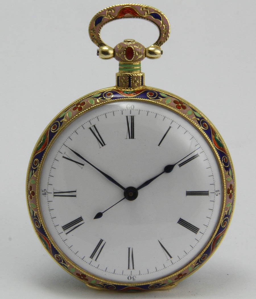 Very fine and rare, openface pocket watch for the Chinese Market
CASE 
yellow-gold, 18k ,colorful enameled, 57mm

MOVEMENT 
glazed movement, duplex escapement, manual wind

* 
rare and nice collector's item

very nice condition

ca 1850