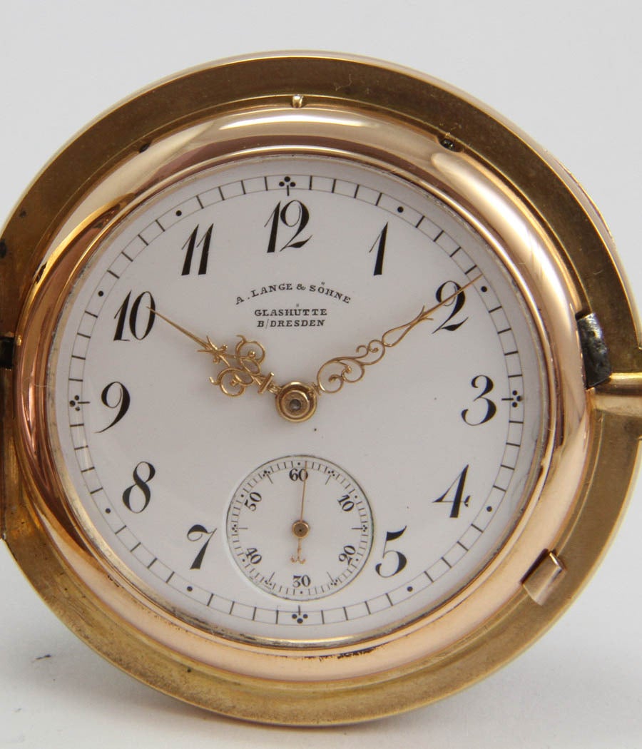 Taschenuhr Very nice and rare hunter pocket watch
ALS 1A-quality, with grazed movement
CASE 
pink-gold

MOVEMENT 
Gilt A. Lange & Söhne 3/4-plate, glassed movement, 1A-quality, gold anchor and gold escape wheel and diamond,, manual