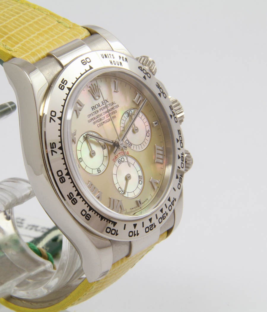 Daytona Cosmograph Ref. 116519
The Beach

CASE 
screwed case, white-gold, sapphire crystal, screw-down crown, screw-down push-buttons, Y serial no., D=40mm

MOVEMENT 
caliber Rolex 4130, automatic, chronometer, chronograph

DIAL 
mother of