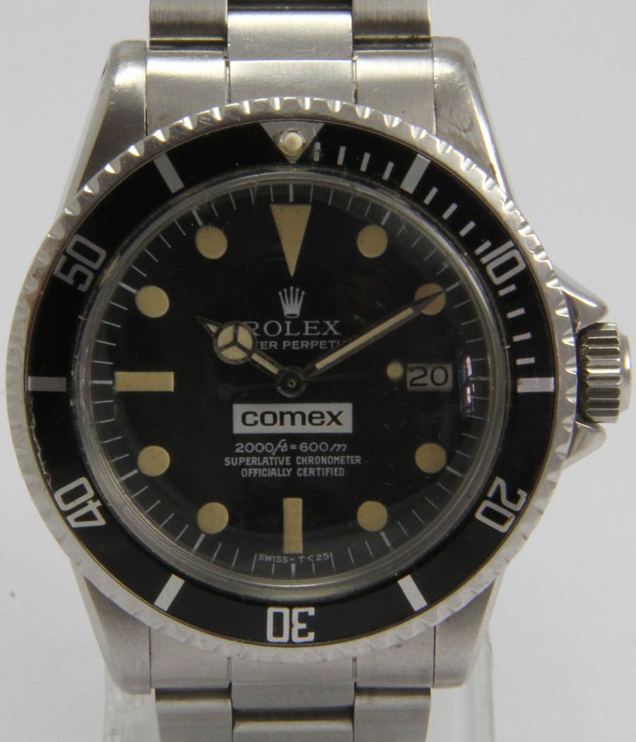 Sea Dweller Ref. 1665
COMEX
CASE 
screwed case, steel, acrylic glass domed, rotating bezel, screw-down crown, helium valve, d=40mm

MOVEMENT 
caliber Rolex 1570, automatic, chronometer, date

DIAL 
original Tritium.dial and hands, RAIL DIAL