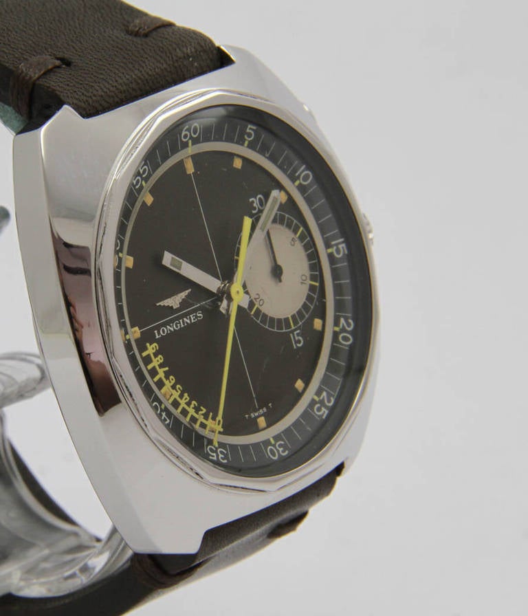 Longines
Ref. 8225-2
Very rare chronograph

Case
stainless steel, screw back, mineral crystal, 43mm x 44mm

Movement
caliber 30CH manual-wind movement, flyback chronograph

Dial
original tritium dial and hands

Strap
leather strap,