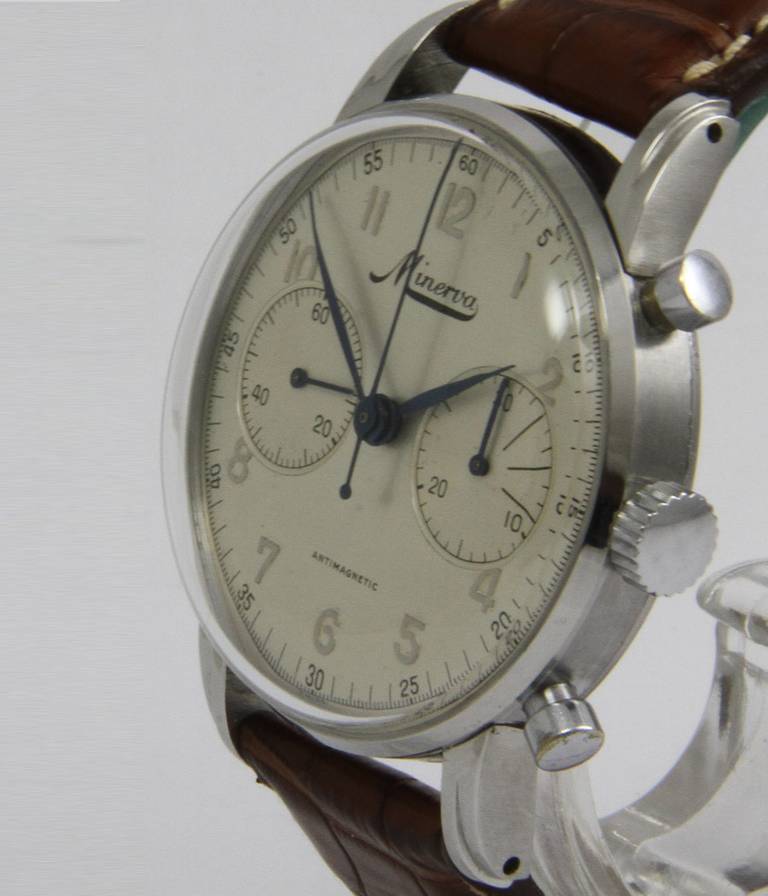 Minerva Stainless Steel Chronograph Wristwatch In Good Condition In Munich, Bavaria