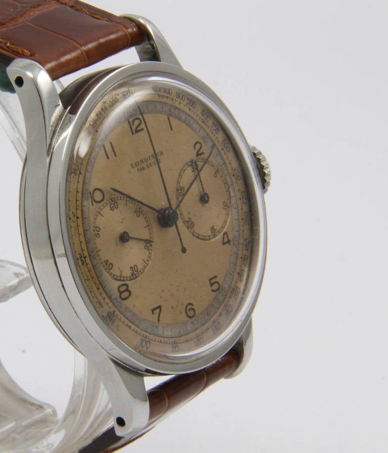Longines
Chronograph

Case
Stainless steel, acrylic glass, 37mm

Movement
Cal. 13 ZN, manual-wind, chronograph

Dial
Original dial and hands

Bracelet
croco-leather strap, buckle

*

circa 1950s