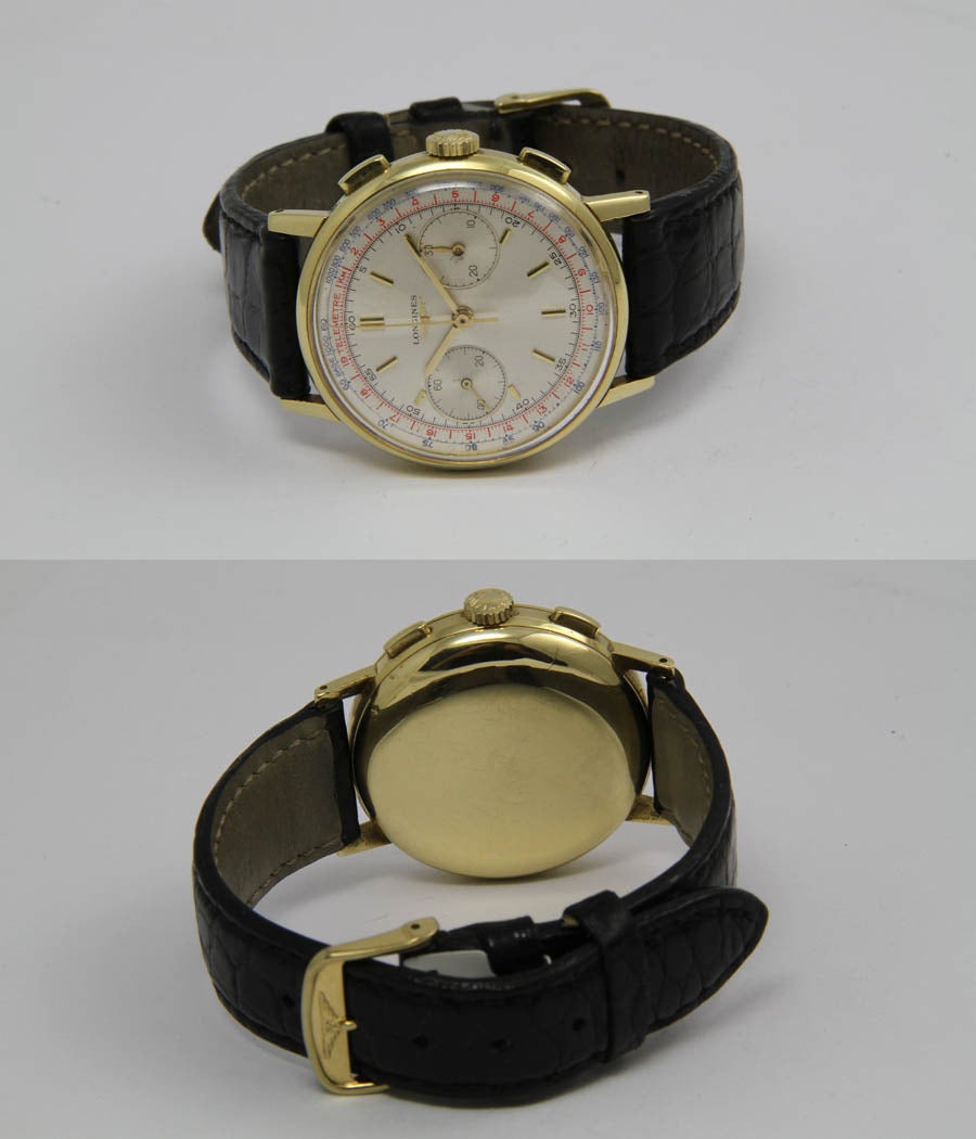 Longines Yellow Gold Chronograph Wristwatch circa 1955 In Excellent Condition For Sale In Munich, Bavaria