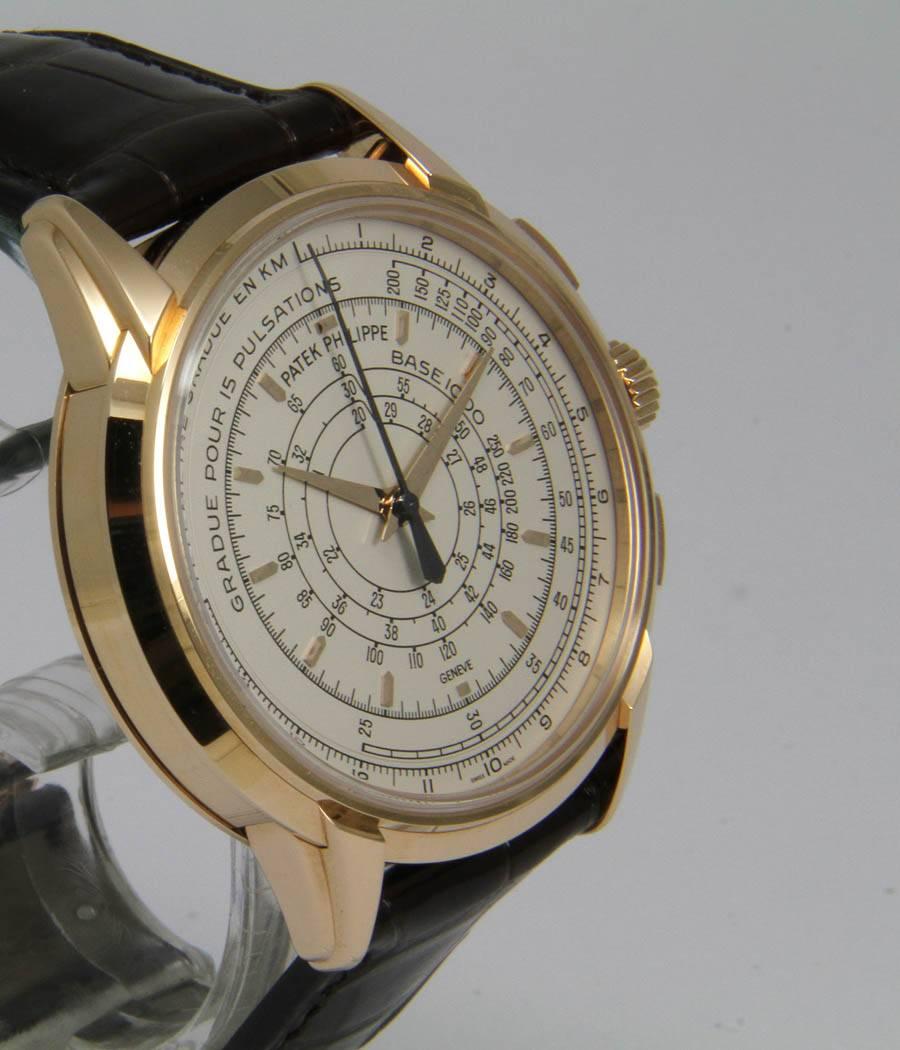 Ref. 5975R-001
Jubiläum 175
CASE 
screwed case, pink-gold, sapphire crystal

MOVEMENT 
caliber Patek Philippe CH28520, automatic, chronometer, chronograph

DIAL 
silvered 18ct gold dial, gold index and hands

BRACELET 
Patek kroko