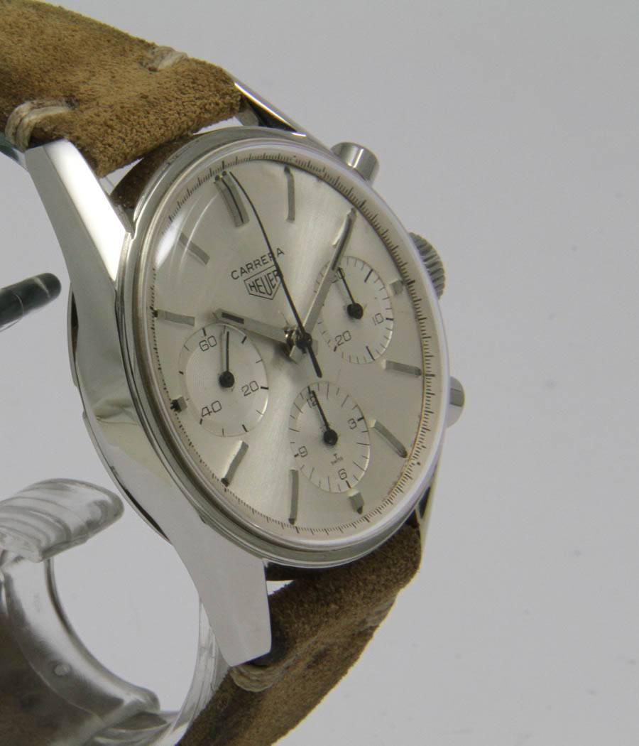 Carrera Ref. 2447S
First Execution
CASE 
screwed case, steel, acrylic glass, d=35,5mm

MOVEMENT 
caliber Valjoux 72, manual wind, chronograph

DIAL 
original Tritium.dial and hands

BRACELET 
leather strap, buckle

very nice