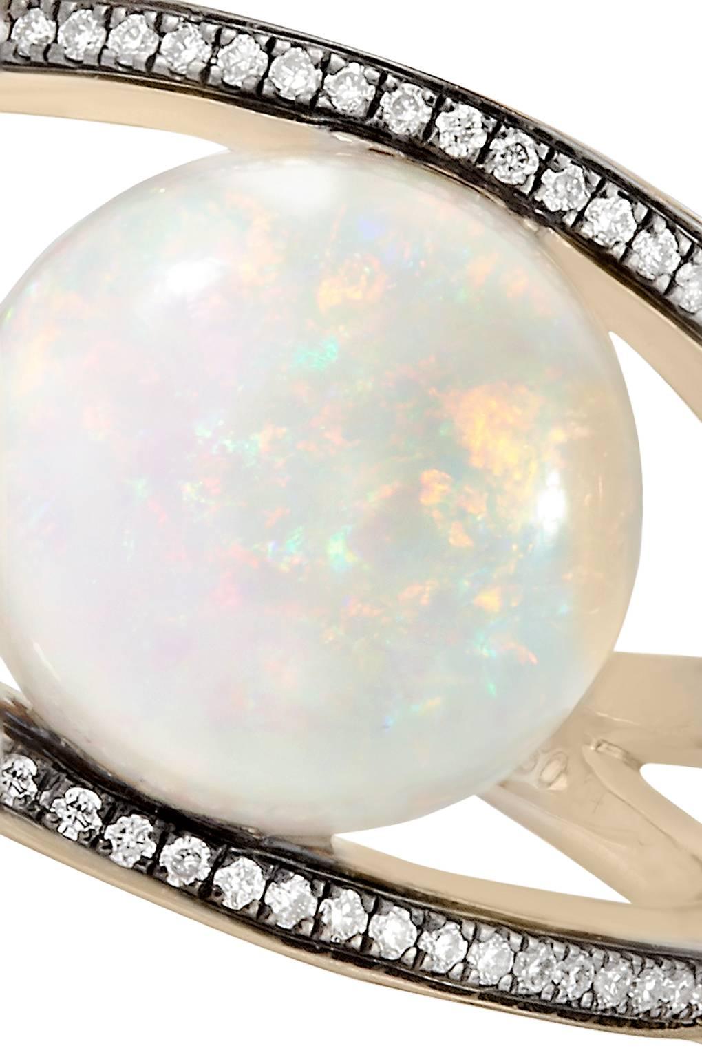 Modern 18K Grey Gold Rhombus Cocktail Ring with Opal and White Diamonds For Sale