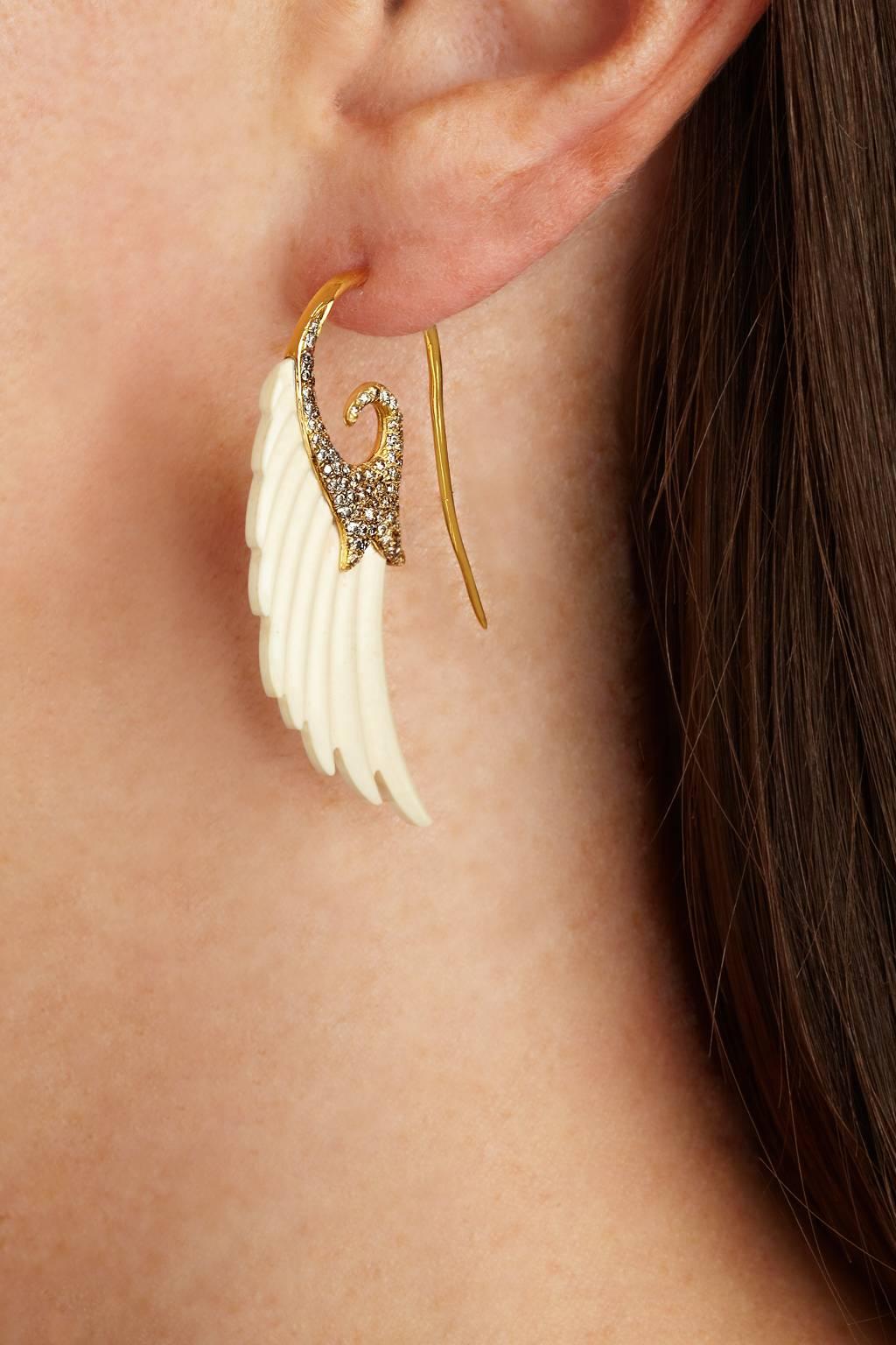 Fly Me to the Moon Mammoth Bone Diamond Gold Wing Hook Earrings In New Condition In London, GB