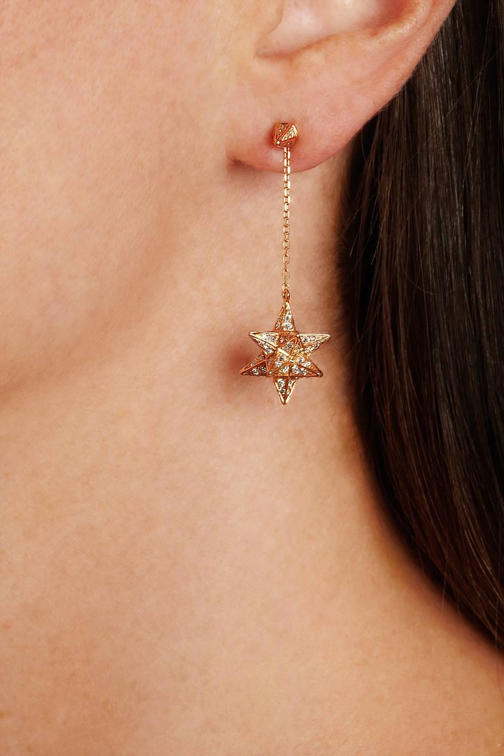 Modern 18K Rose Gold Merkaba Drop Earrings with Brown Diamonds For Sale
