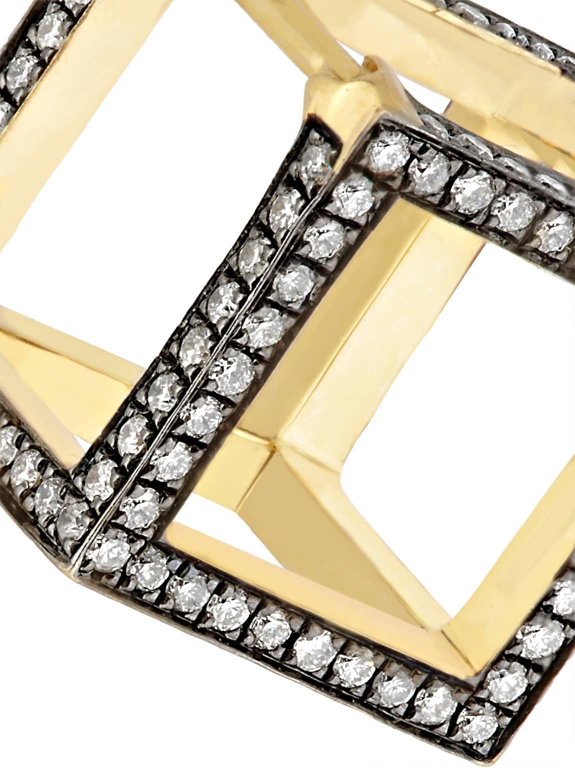 Modern Yellow Gold White Diamond Cube Square Dormeuse “3D” Earrings