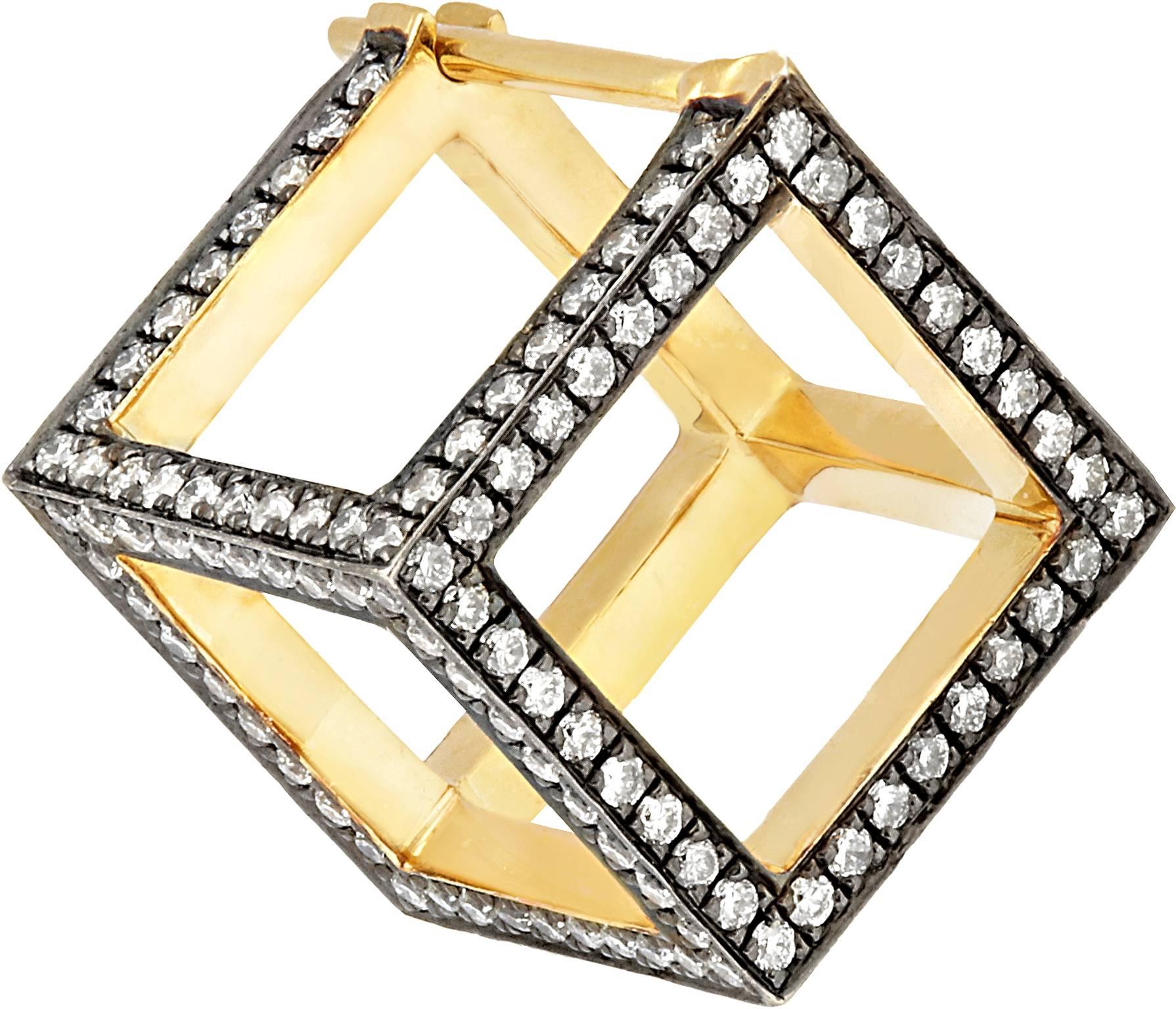 Yellow Gold White Diamond Cube Square Dormeuse “3D” Earrings In New Condition In London, GB