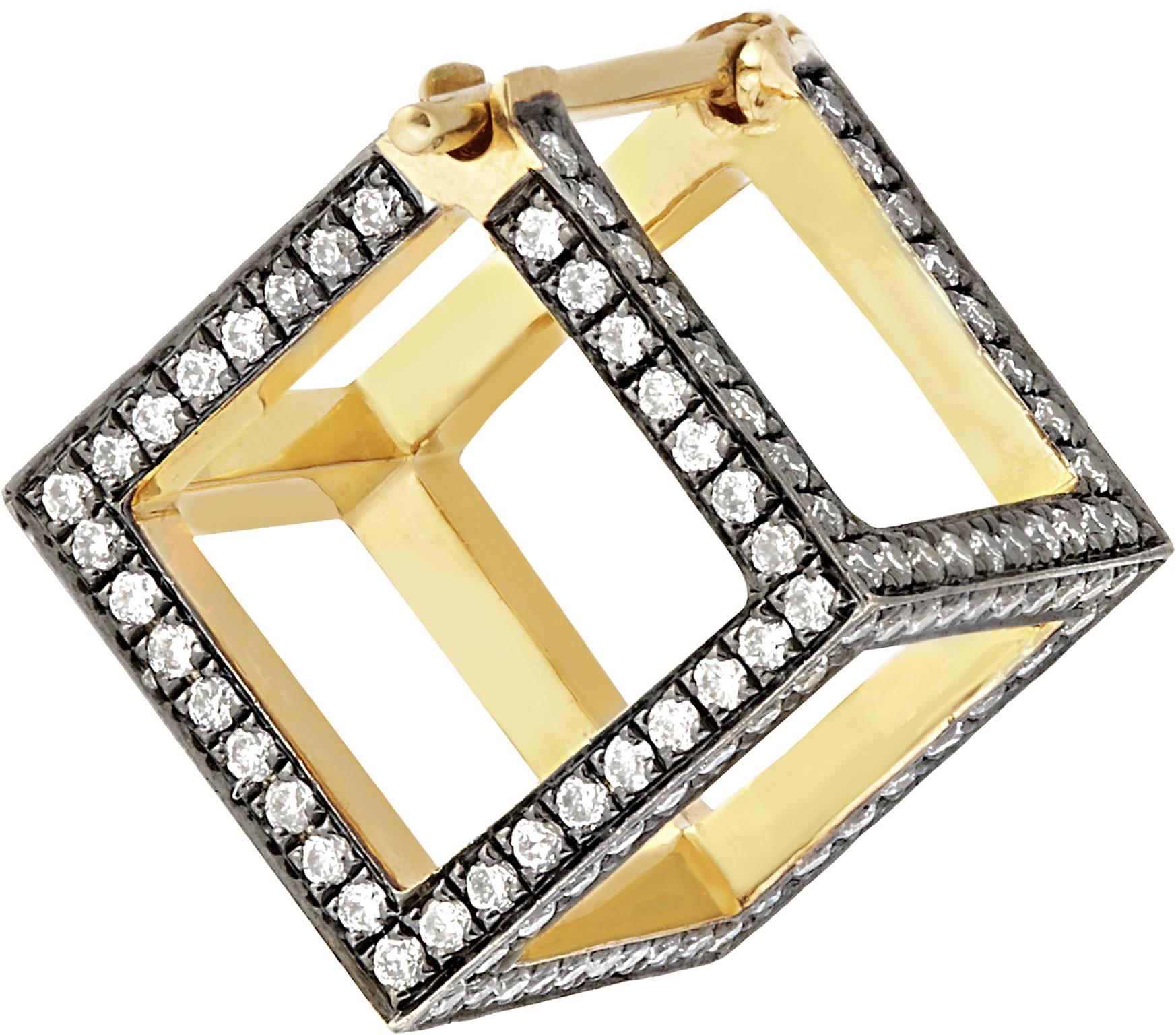 Women's or Men's Yellow Gold White Diamond Cube Square Dormeuse “3D” Earrings