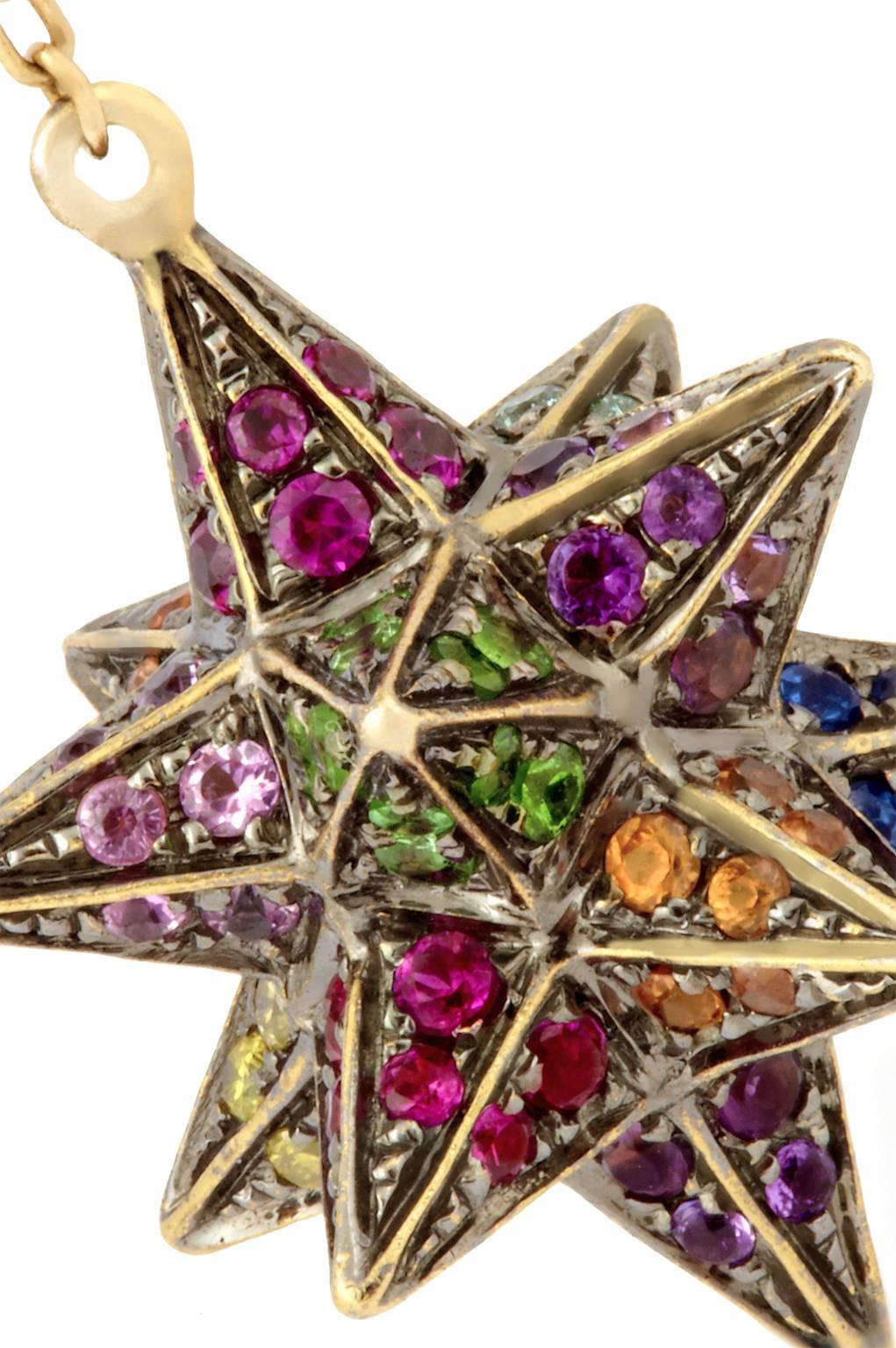 Modern 18K Yellow Gold Merkaba Star Earrings with Various Coloured Stones and Diamonds For Sale