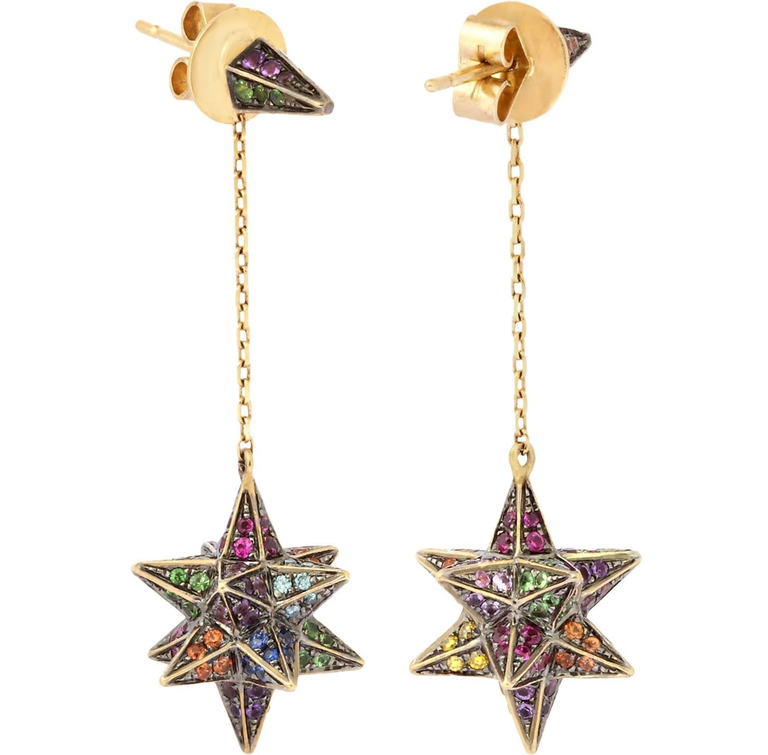 18K Yellow Gold Merkaba Star Earrings with Various Coloured Stones and Diamonds In New Condition For Sale In London, GB