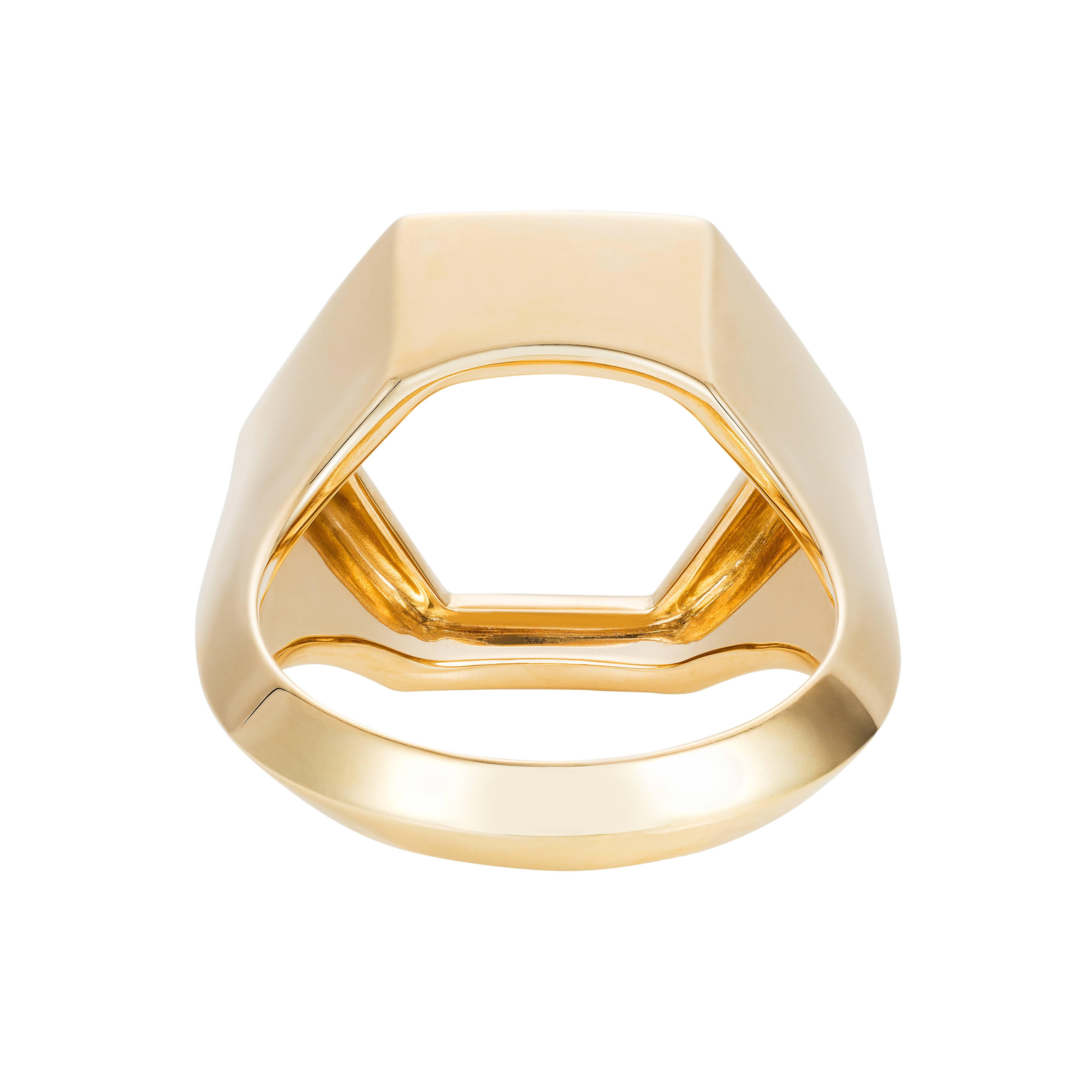 Round Cut 18K Yellow Gold “Hex Seal” Ring with White Diamonds For Sale