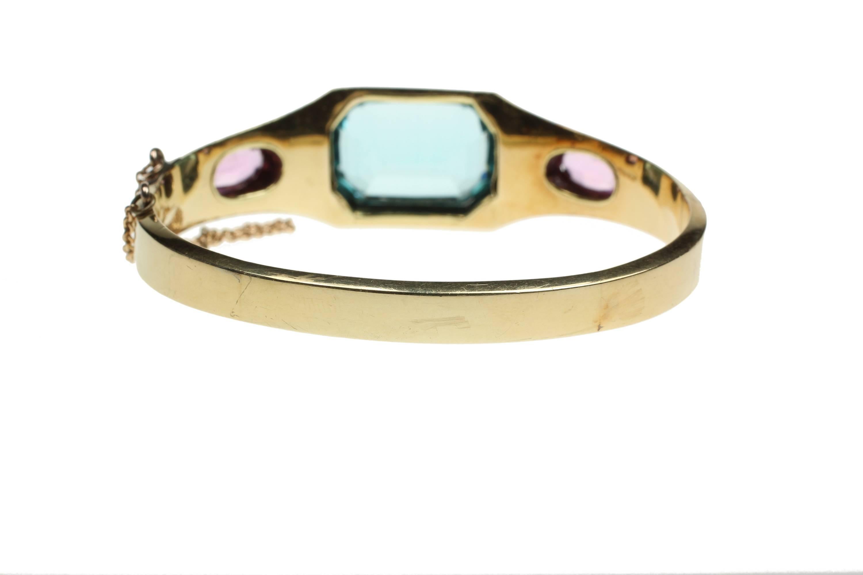 Women's Pink Topaz Aquamarine Gold Bangle Bracelet For Sale