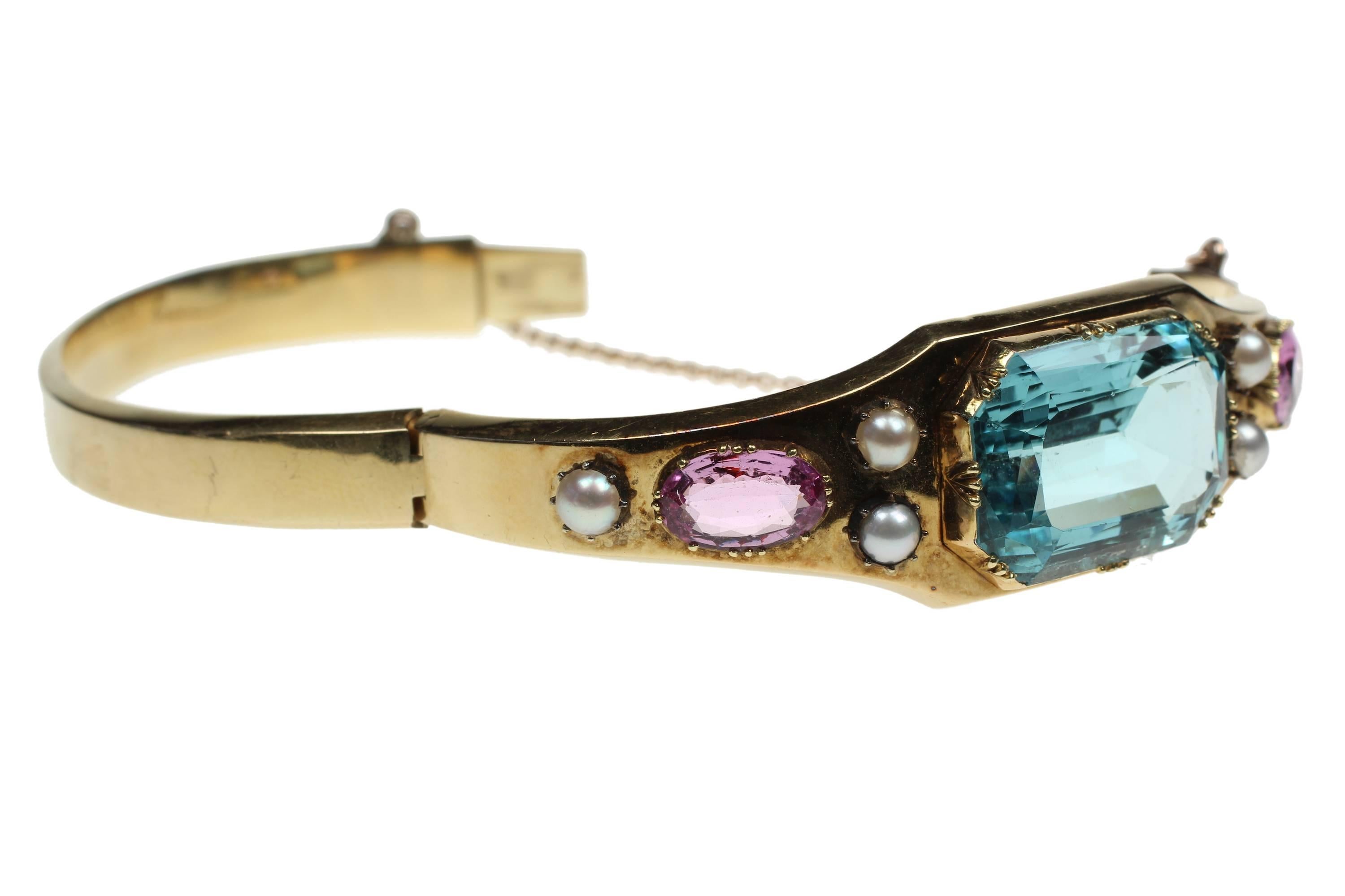 Pink Topaz Aquamarine Gold Bangle Bracelet For Sale 1