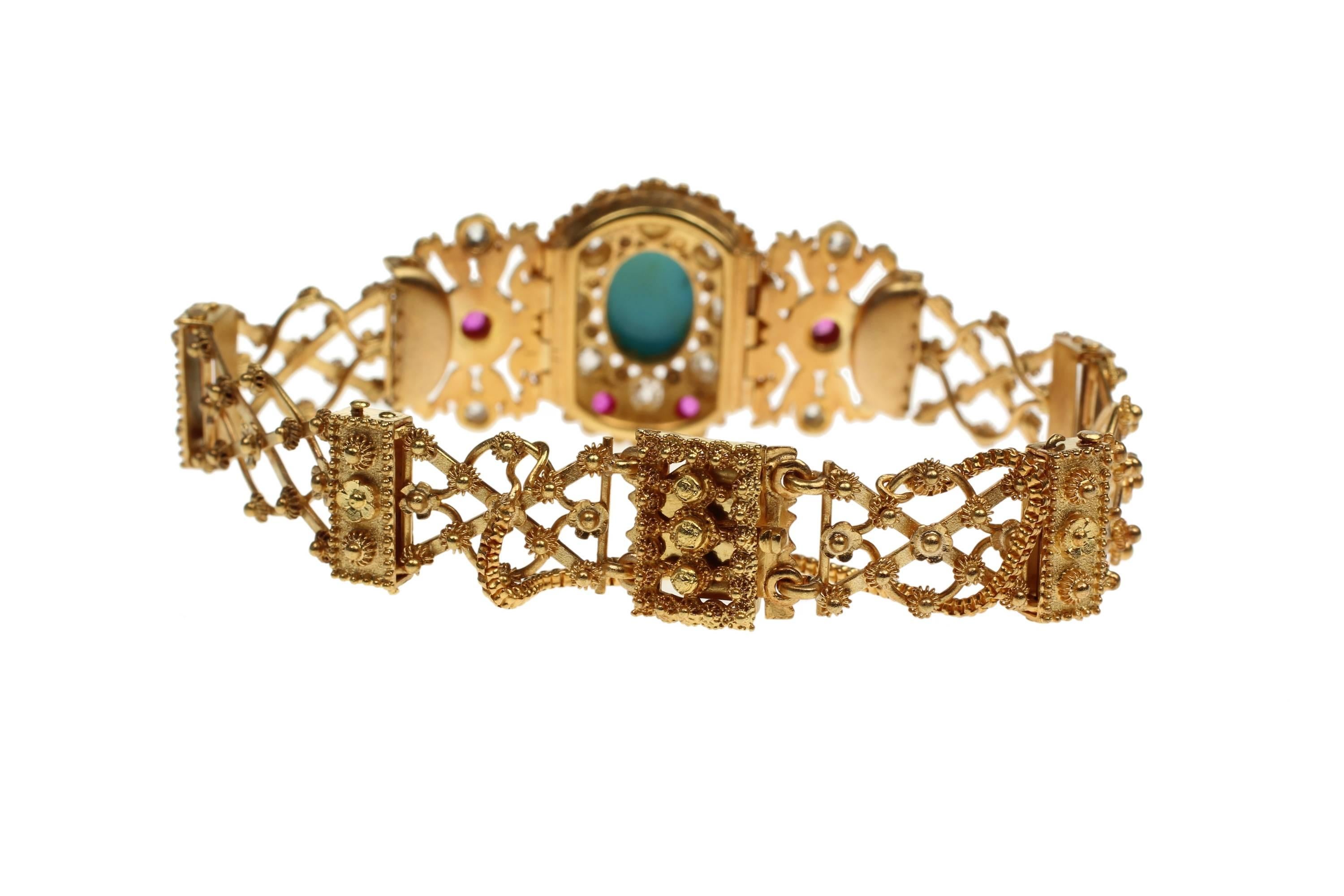 Victorian Turquoise Ruby Diamond Gold Bracelet In Excellent Condition For Sale In London, GB