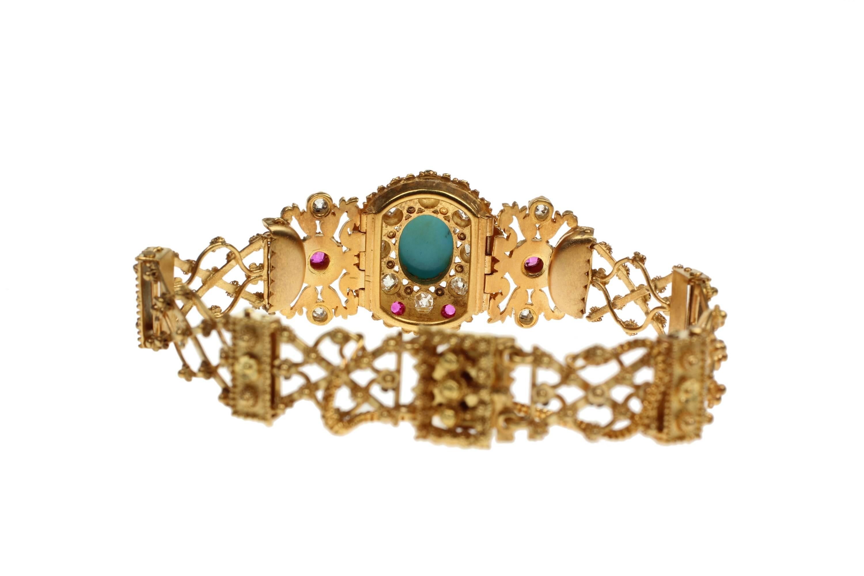 Women's Victorian Turquoise Ruby Diamond Gold Bracelet For Sale