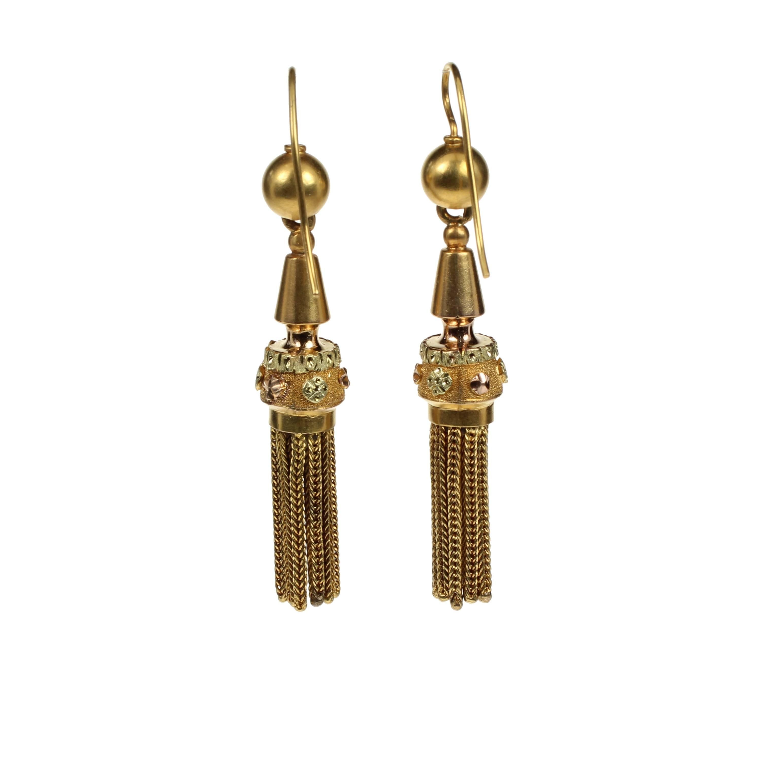 18ct three colour gold tassel earrings. Excellent condition. 2 inches long. 
c. 1880. 
English. 