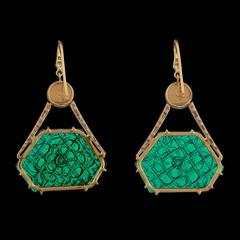 Indian Carved Green Crystal Emerald Diamond Gold Earrings