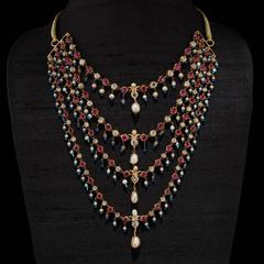 Antique Indian Pearl Ruby Diamond Four Strand Necklace