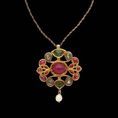 Antique Indian Pendant in Gold with Diamonds, Rubies, Emeralds and Pearl