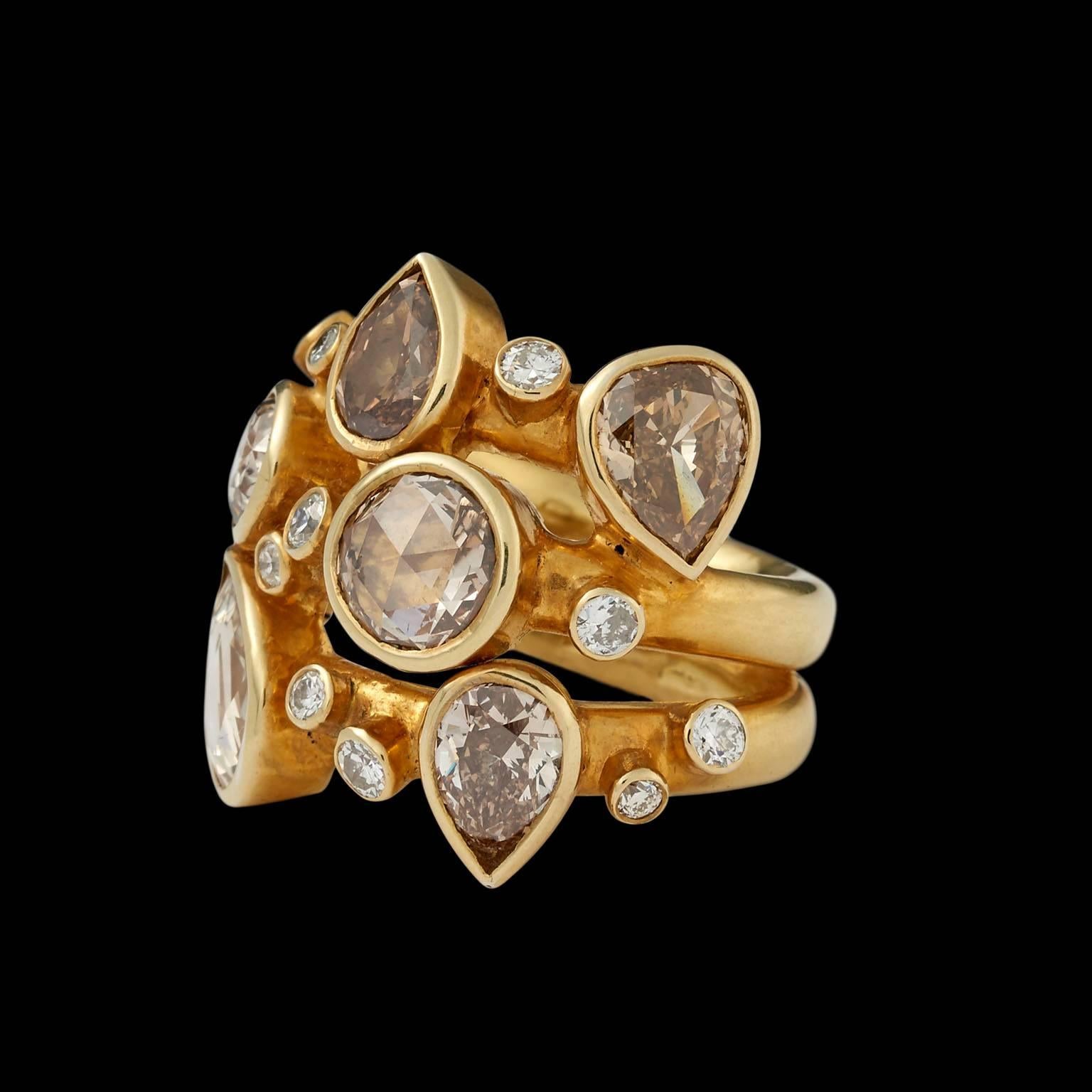 Indian Ring in Silver Gold Gilded with Diamonds In New Condition For Sale In London, GB