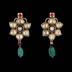 Antique Indian Earrings in Gold with White Sapphire and Emerald Drops
