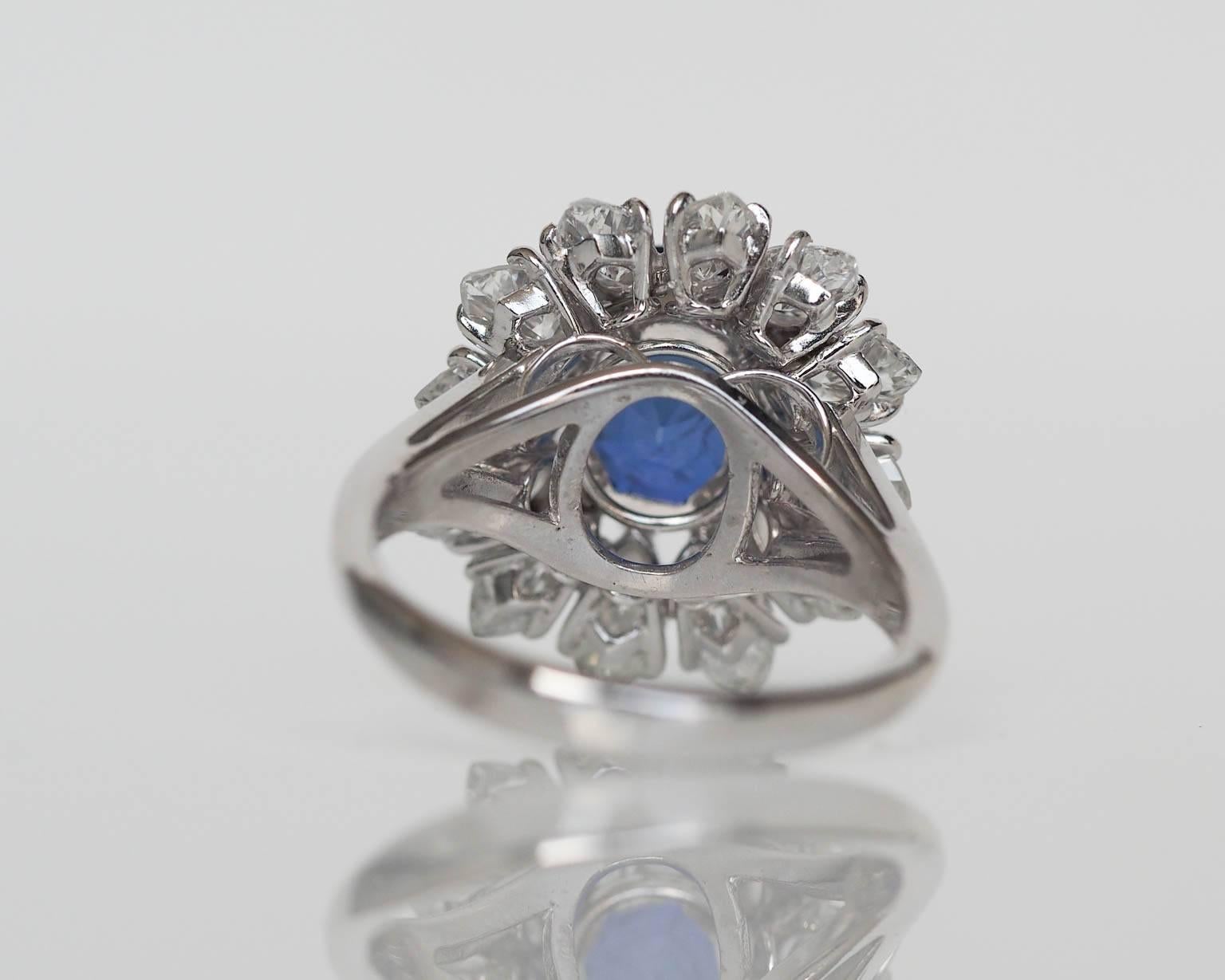 1950s 4.40 Carat AGL Certified Burma No Heat Sapphire Diamond Platinum Ring 2