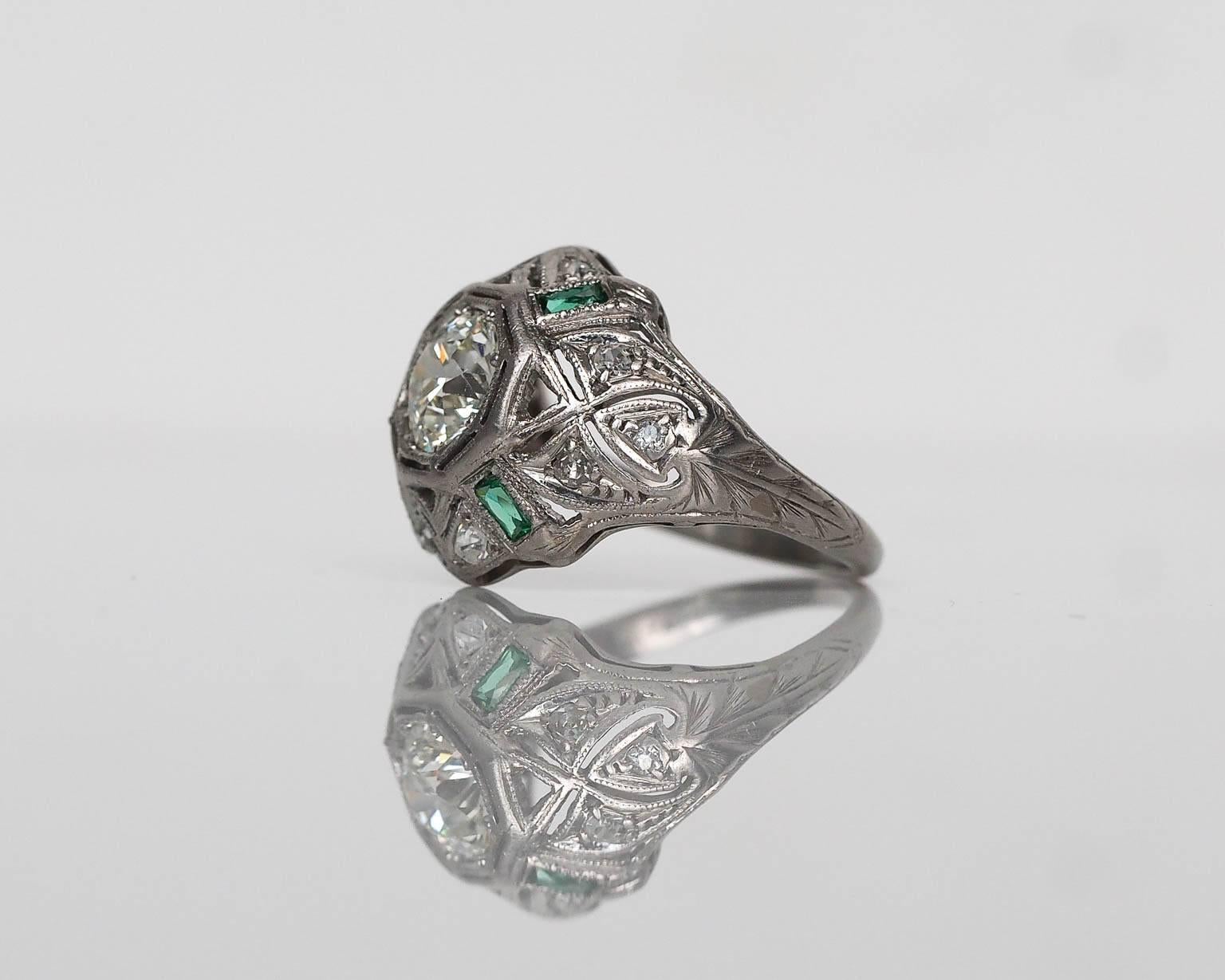 Women's 1920s Art Deco .91 Carat Old European Diamond Emerald Platinum Engagement Ring