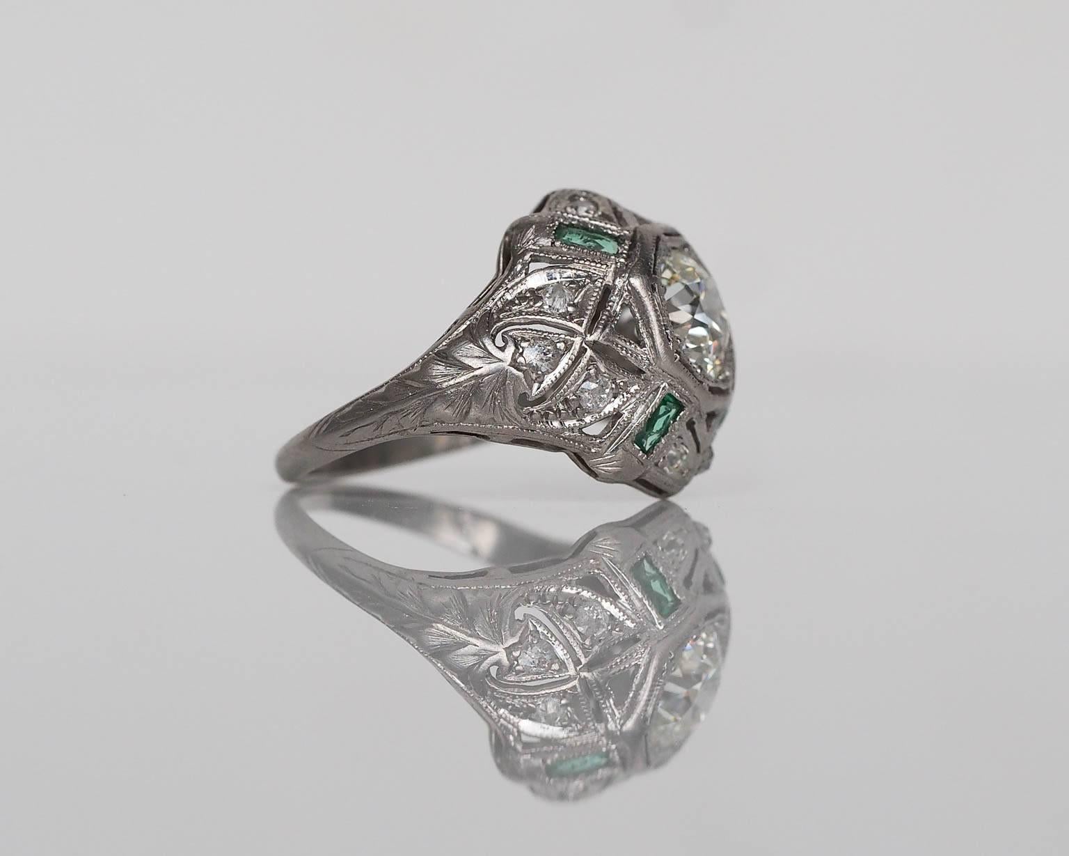 1920s Art Deco .91 Carat Old European Diamond Emerald Platinum Engagement Ring In Excellent Condition In Atlanta, GA