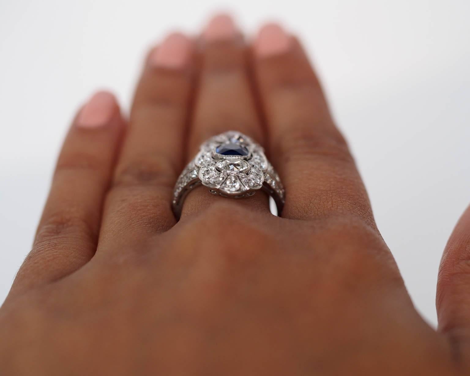 1920s Art Deco 1.39 Carat Kashmir Sapphire Diamond Platinum Engagement Ring 1