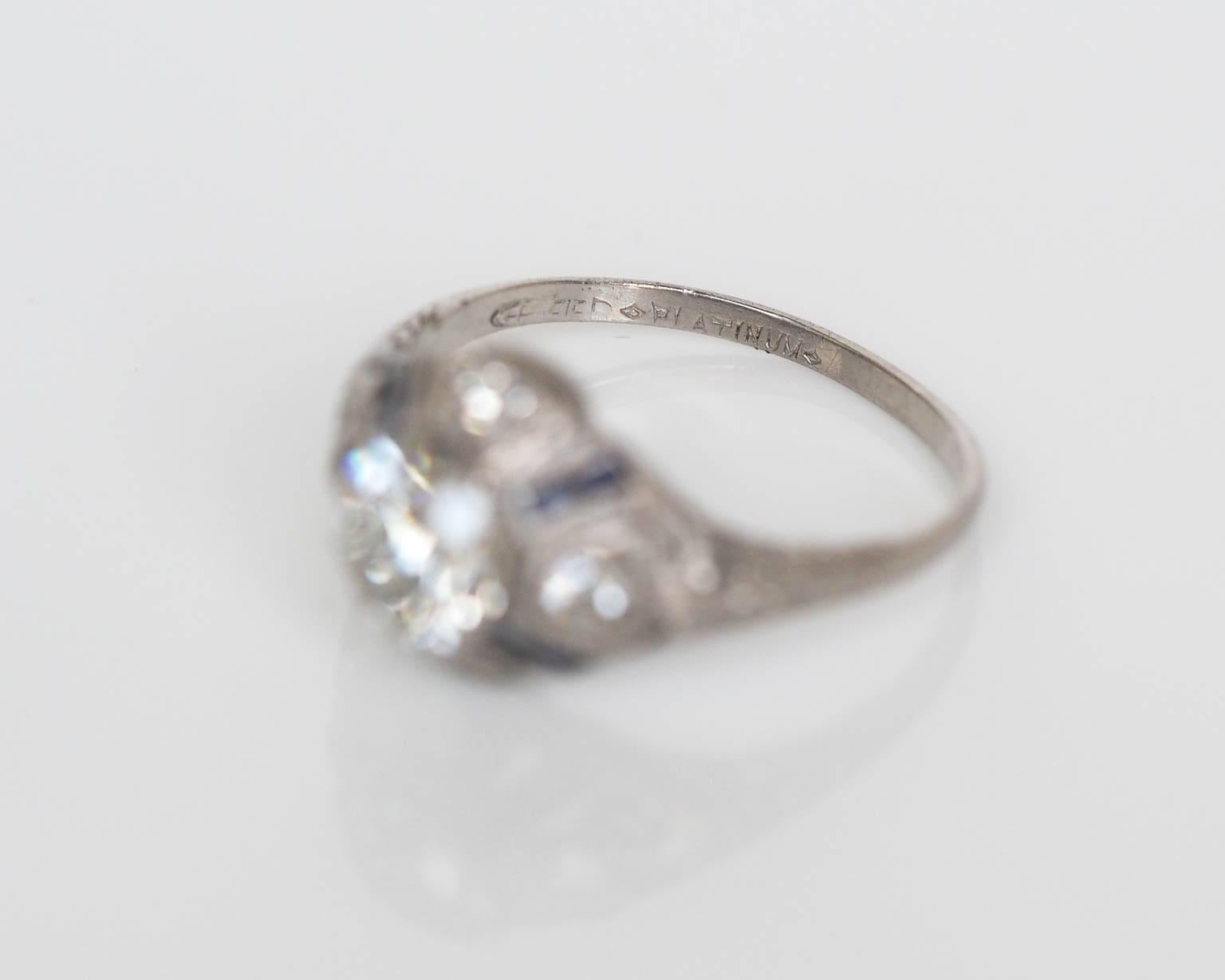 Art Deco 1.00 Carat GIA Certified Diamond Sapphire Platinum Engagement Ring 5