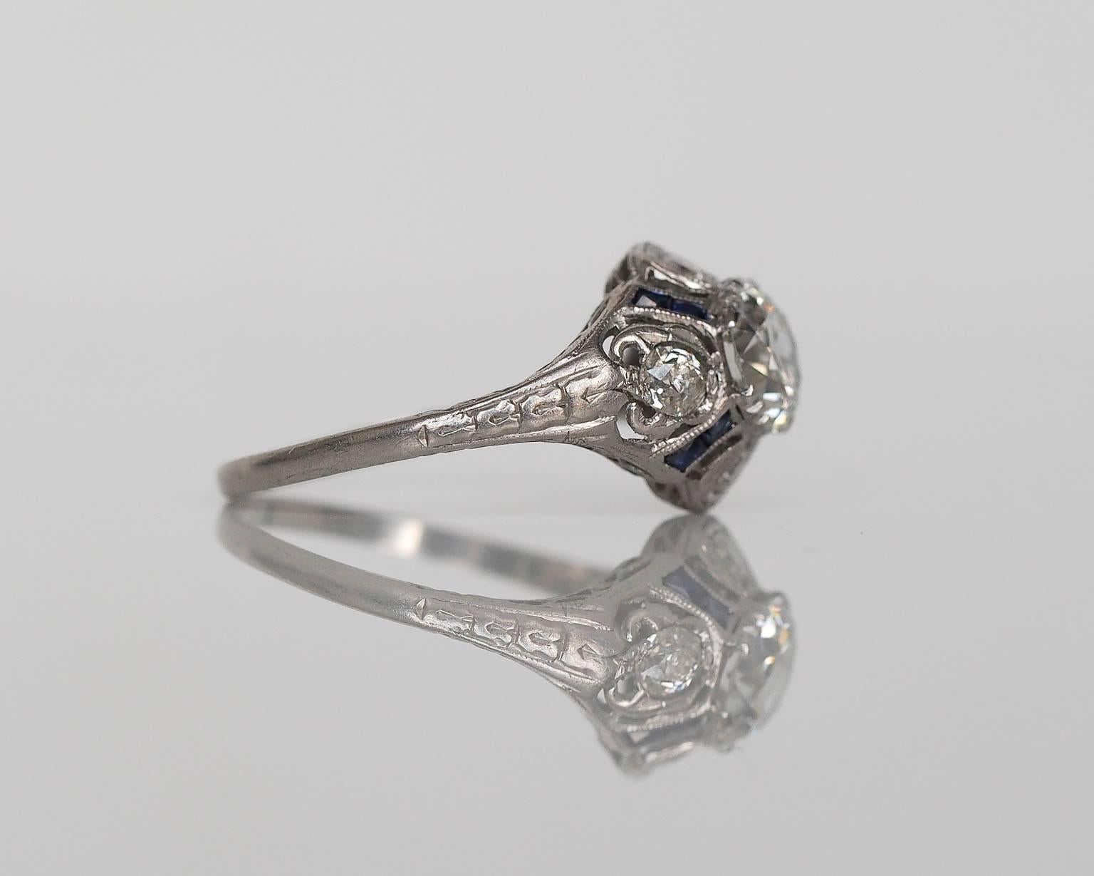 Art Deco 1.00 Carat GIA Certified Diamond Sapphire Platinum Engagement Ring In Excellent Condition In Atlanta, GA
