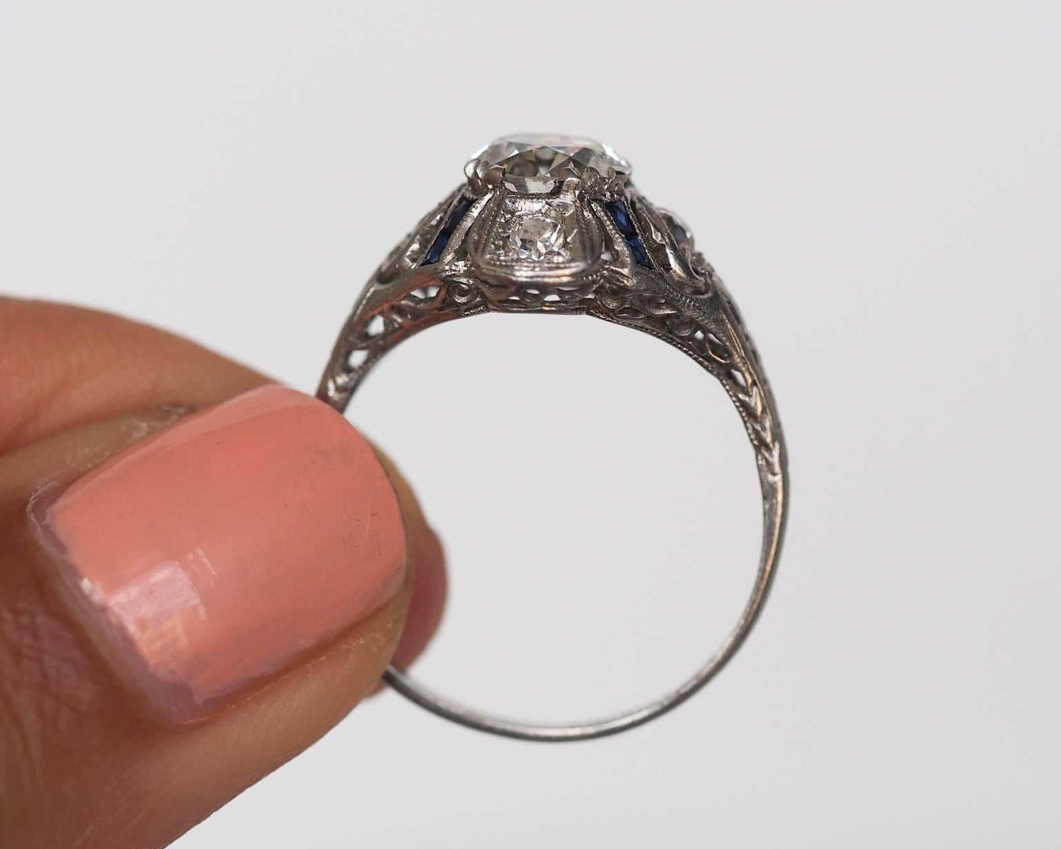 Art Deco 1.00 Carat GIA Certified Diamond Sapphire Platinum Engagement Ring 2