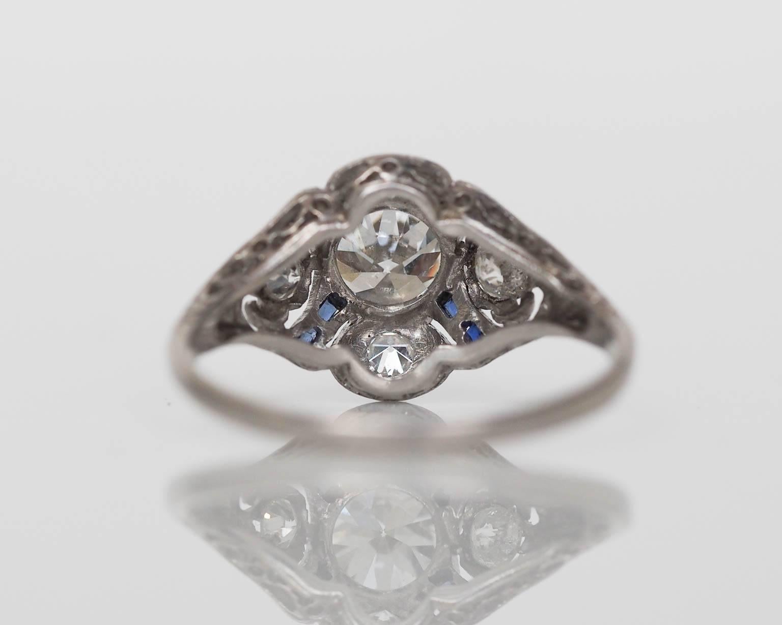Women's Art Deco 1.00 Carat GIA Certified Diamond Sapphire Platinum Engagement Ring