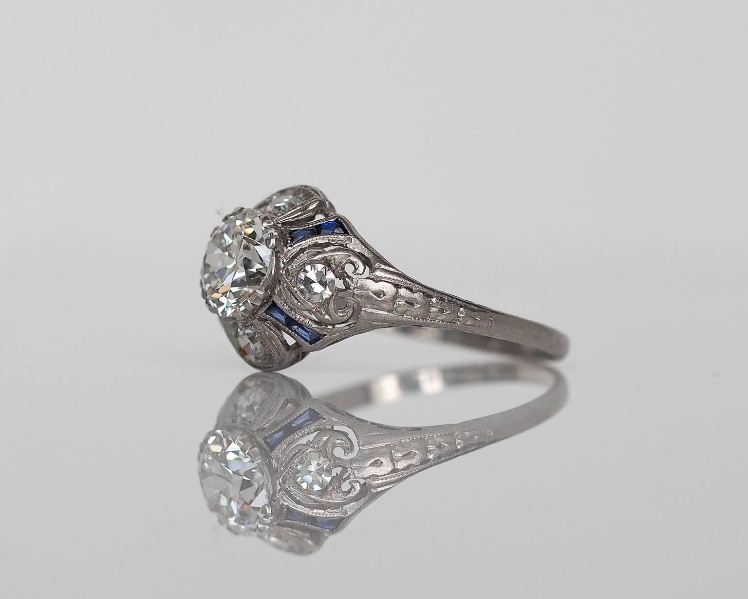 Art Deco 1.00 Carat GIA Certified Diamond Sapphire Platinum Engagement Ring 1