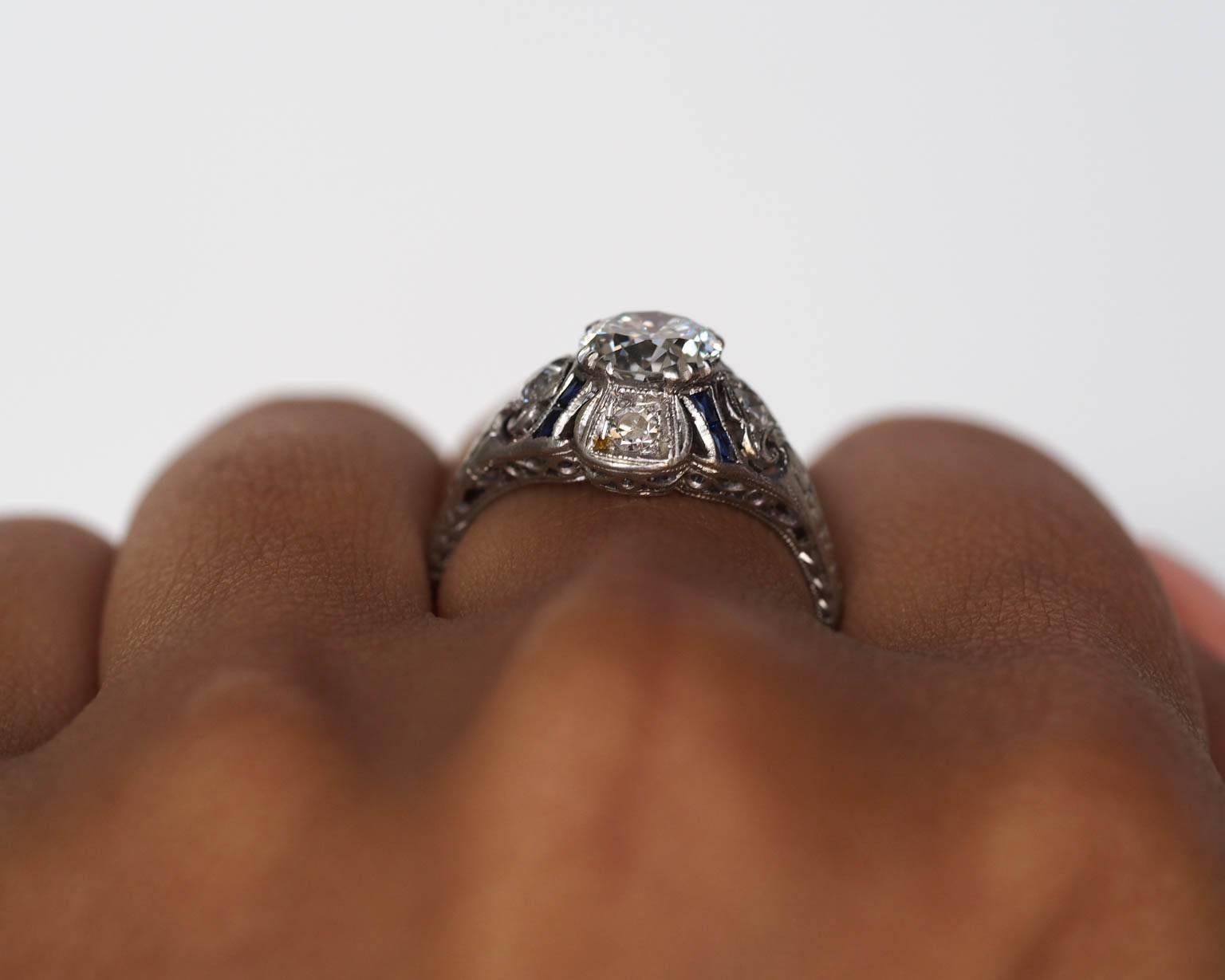 Art Deco 1.00 Carat GIA Certified Diamond Sapphire Platinum Engagement Ring 3