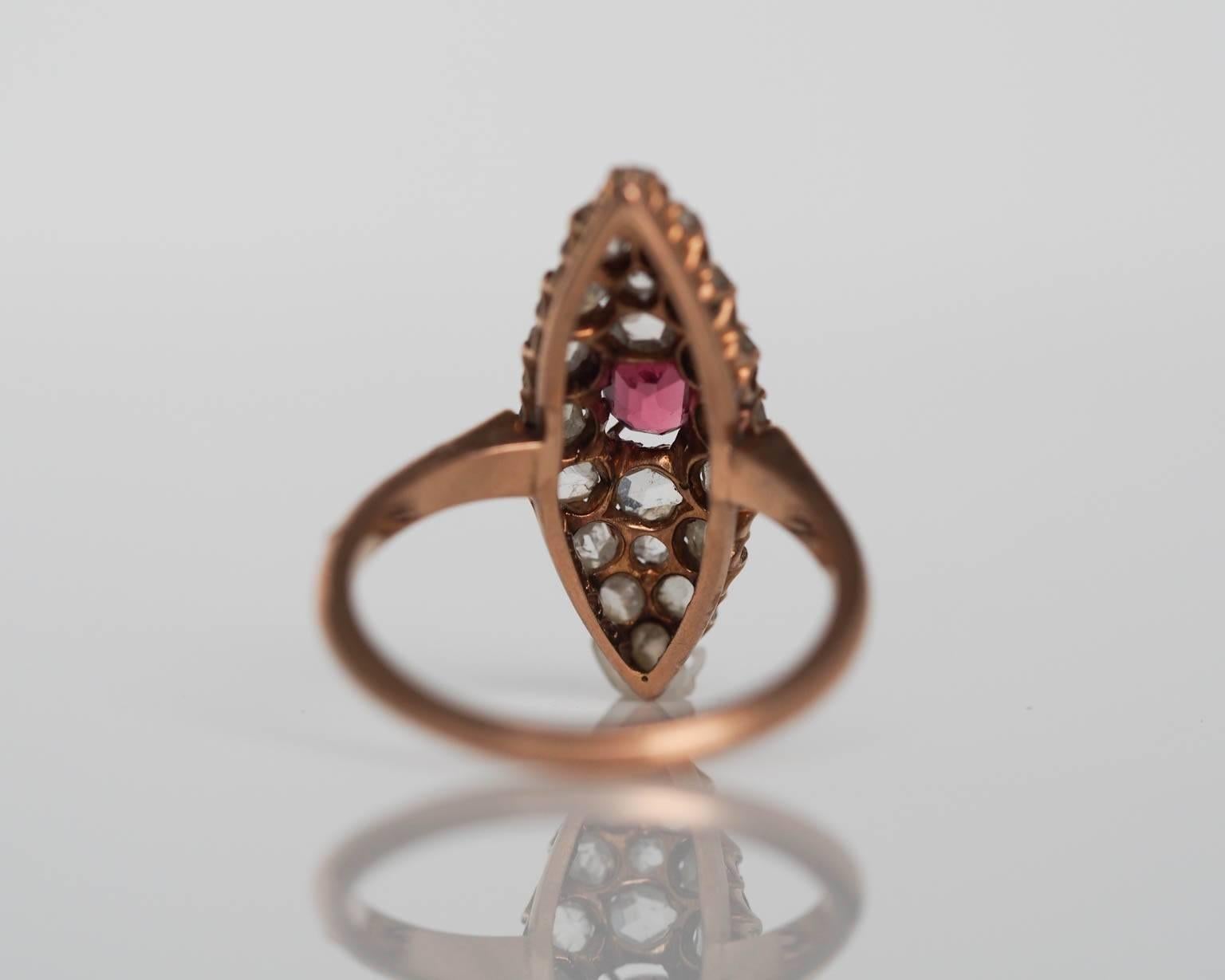 Late Victorian 1870s Victorian Pink Sapphire Rose Cut Diamond Gold Navette Ring