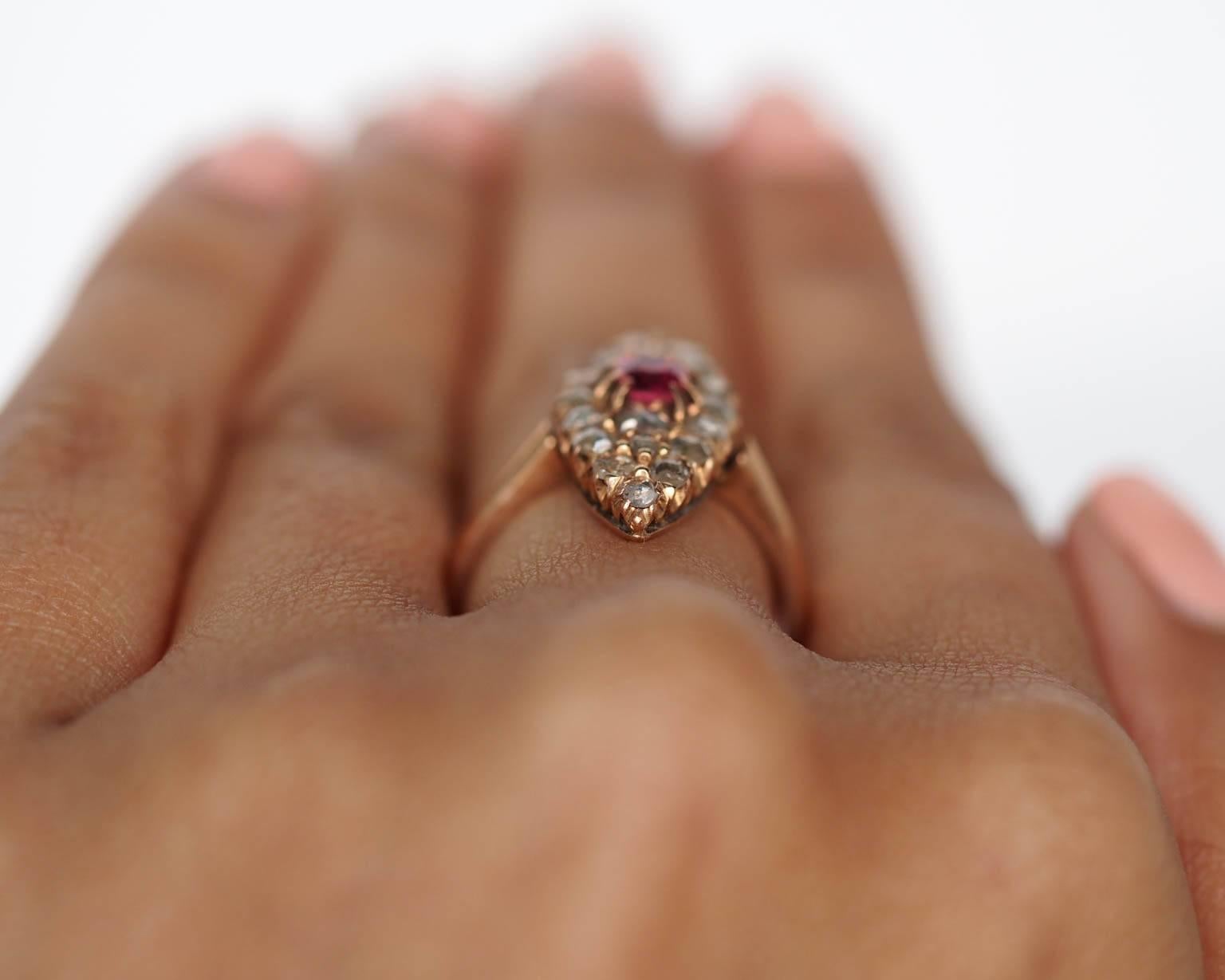 1870s Victorian Pink Sapphire Rose Cut Diamond Gold Navette Ring In Good Condition In Atlanta, GA