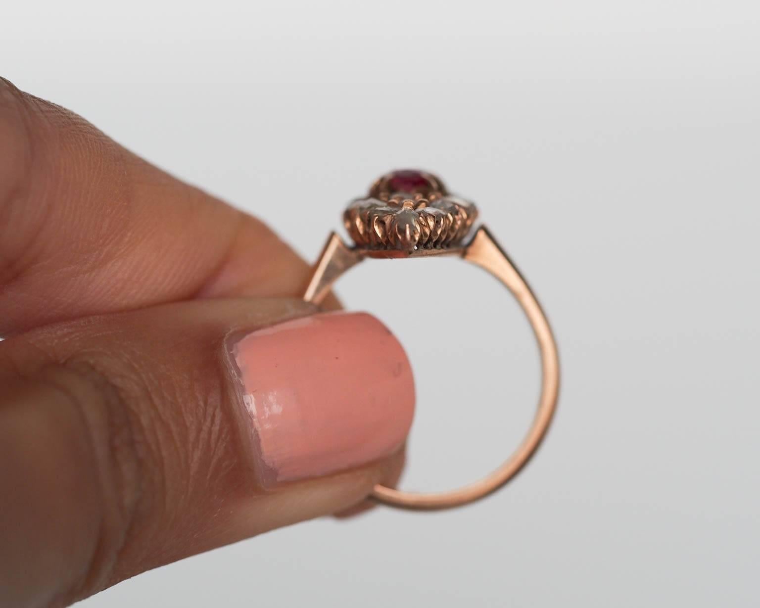 Women's 1870s Victorian Pink Sapphire Rose Cut Diamond Gold Navette Ring